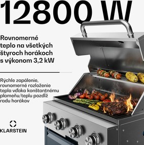 Klarstein WaldChef plynový gril | 4 horáky | 30 mbar | 12800 W | Liatinový rošt | Nehrdzavejúca oceľ