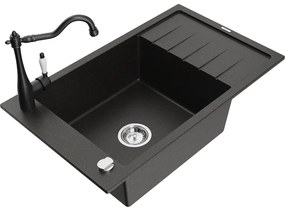 Mexen Elias, granitový drez 795x480x200 mm, 1-komorový a drezová batéria Carla, čierna-zlatá metalíza, 6511-75-670700-70