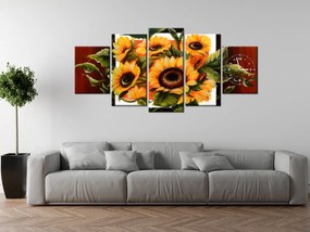 Gario Obraz s hodinami Prekrásne slnečnice - 5 dielny Rozmery: 150 x 105 cm