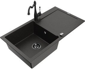 Mexen Leo, granitový drez 900x500x190 mm, 1-komorový a drezová batéria Carla, čierna-zlatá metalíza, 6501-75-670700-70-B