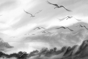 Obraz prelet vtákov ponad krajinku v čiernobielom prevedení Varianta: 120x80