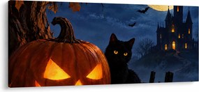 Obraz - Čierna mačka pri svietiacej tekvici na Halloween (120x50 cm)