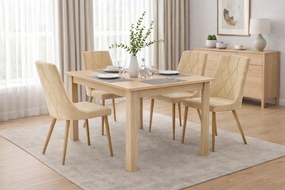 Jedálenská zostava stôl 120 x 80 cm dub sonoma / hnedé nohy a 4 stoličky IMOLA béžové / nohy vo farbe dreva