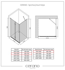 Cerano Volpe, sprchovací kút so skladacími dverami 70(dvere) x 70(stena), 6mm číre sklo, čierny profil, CER-CER-427297