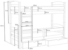 Detská poschodová posteľ z masívu borovice KAJETÁN so šuplíkmi - 200x90 cm - PRÍRODNÁ BOROVICA
