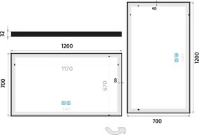 Nimco Čierne LED zrkadlo 1200x700 s dvoma dotykovými senzormi - ZPC 13006VX-90