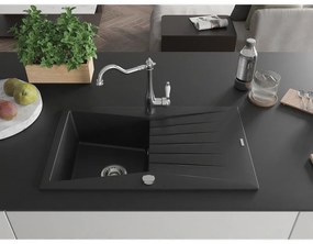 Mexen Cesar, 1-komorový granitový drez 775x470x190 mm a drezová batéria Carla, čierna, 6514-77-670700-00