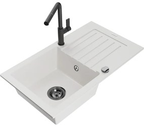 Mexen Pablo, 1-komorový granitový drez 752x436x161 mm a drezová batéria Flora, biela, 6510-20-670401-70-B