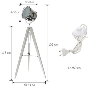 Dekorstudio Podlahová lampa TRIPOD na bielej trojnožke s chrómovaným tienidlom 153cm