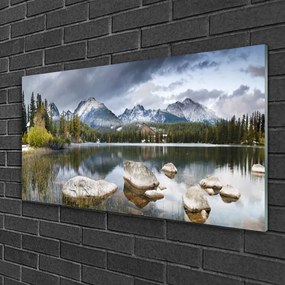 Skleneny obraz Jazero hory les príroda 125x50 cm