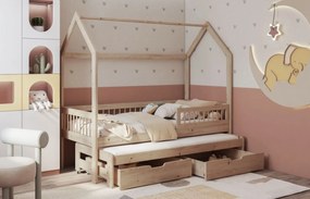 Detská domčeková posteľ z masívu borovice ASHER so šuplíkmi a prístelkou - 180x80 cm - prírodná borovica