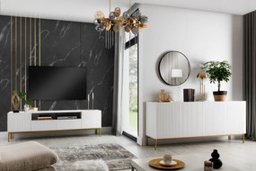 TV stolík Nicole 200 cm s výklenkom a zásuvkami – biely mat / zlaté nožičky