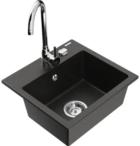Mexen Milo, 1-komorový granitový drez 435x410x171 mm a chrómová batéria Telma, čierna-zlatá metalíza, 6505-75-670200-00