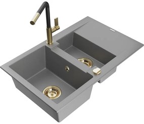 Mexen Gaspar, 1,5-komorový granitový drez 737x475x177 mm a drezová batéria Flora, šedá, 6507-71-670401-57-G