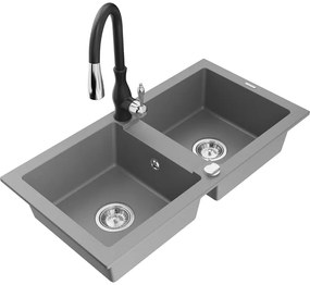 Mexen Mario, 2-komorový granitový drez 820x436x161 mm a drezová batéria Savita, šedá, 6504-71-672601-70