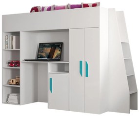 Detská kombinovaná posteľ 90 cm Puro 15 (matná biela + biely lesk + tyrkysové úchytky). Vlastná spoľahlivá doprava až k Vám domov. 1087099