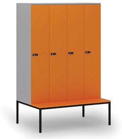 Drevená šatníková skrinka s lavičkou, 4 oddiely, mechanický kódový zámok, sivá/oranžová