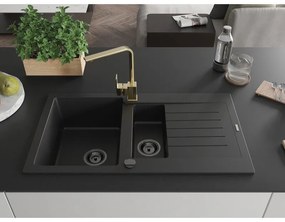 Mexen Matias, granitový drez 900x505x200 mm, 1,5-komorový a zlatá batéria Rita, čierna, 6502-77-670300-50-B