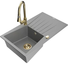 Mexen Cesar, 1-komorový granitový drez 775x470x190 mm a drezová batéria Elia, šedá, 6514-71-670101-50