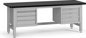 Pracovný stôl do dielne G4 s 2 závesnými boxami na náradie, MDF + PVC doska, 6 zásuviek, 2100 x 750 x 800 mm, sivá