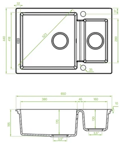 Laveo Celia, 1,5-komorový granitový drez 650x440x195 mm, šedá, LAV-SBC_530T