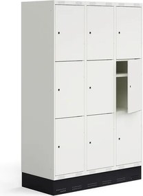 Šatňová skrinka ROZ, 3 sekcie, 9 dverí, so soklom, 1890x1200x550 mm, biela