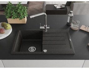 Mexen Bruno, 1-komorový granitový drez s odkvapkávačom 795x495x200 mm a chrómová batéria Duero, čierna-zlatá metalíza, 6513-75-671600-00