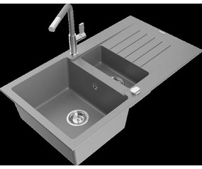 Mexen Matias granitový 1,5-komorový drez s odkvapkávačom a kuchynskou batériou Flora, Šedá - 6502-71-670401-06