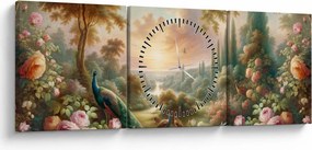 Obraz - Pávy v záhrade (s hodinami) (90x30 cm)