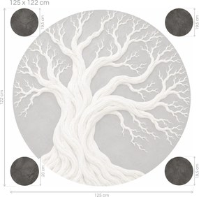 Reliéfny biely strom v sivom kruhu minimalistické kruhové textilné nálepky na stenu do obývačky arch 46 x 45 cm