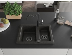 Mexen Carlos, granitový drez 582x475x177 mm, 1,5-komorový a drezová batéria Carla, čierna-zlatá metalíza, 6518-75-670700-70-B