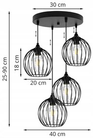 Závesné svietidlo TORONTO, 4x čierne drôtené tienidlo, O
