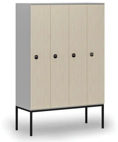 Drevená šatníková skrinka s podnožou, 4 oddiely, 1871 x 1200 x 500 mm, RFID zámok, sivá/breza