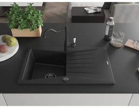 Mexen Cesar, 1-komorový granitový drez 775x470x190 mm a drezová batéria Carla, čierna-strieborná metalíza, 6514-73-670700-70-B