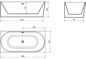 Mexen Mia, voľne stojaca rohová vaňa, lavá, 180 x 80 cm, biela-čierna, brúsená oceľ prepad, 52691808075L-97