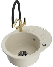 Mexen Kevin, granitový drez 586x458x190 mm, 1-komorový a biela batéria Duo, béžová, 6517-69-671701-57-B