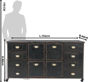 Čierna kovová komoda so zásuvkami na kolieskach - 152 * 44 * 86 cm