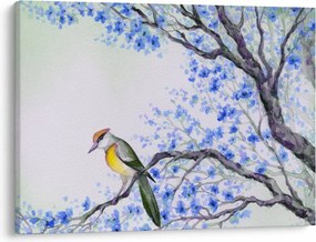 Obraz - Vtáčik na strome s modrými kvetmi (70x50 cm)