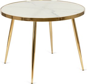 Okrúhly jedálenský stôl TINGA – sklenený stôl s efektom bieleho mramoru a zlatými kovovými nohami