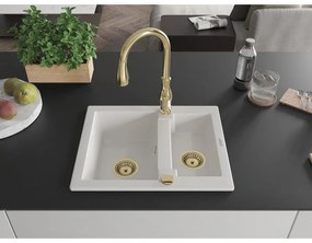 Mexen Carlos, 1,5-komorový granitový drez 582x475x177 mm a drezová batéria Savita, biela, 6518-20-672601-50