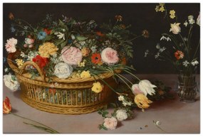 Obraz - Jan Brueghel the Elder, Flowers in a Basket and a Vase, reprodukcia (90x60 cm)