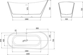 Mexen Dora, voľne stojaca vaňa 160 x 75 cm, biela/čierna, zlatý matný prepad, 52071607575-55