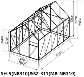 Skleník BestBerg SH-5 / 5,9 m² / 311 x 190 x 195 cm / strieborná