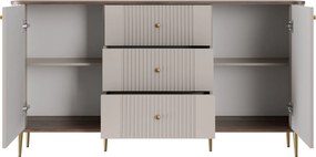 Komoda Vesper 160 cm so zásuvkami na nožičkách - kašmír / orech / zlaté nohy