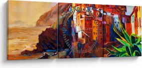 Obraz - Dedina na pobreží Cinque Terre, Talianska riviéra, moderný impresionizmus (s hodinami) (90x30 cm)