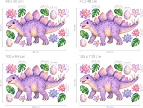 Fialový stegosaurus s kvetmi pastelové nálepky do detskej izby na stenu arch 46 x 30 cm