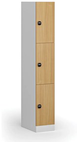 Šatníková skrinka s úložnými boxmi, 3 boxy, 1850 x 300 x 500 mm, zámok s čítačkou RFID kariet, laminované dvere, buk
