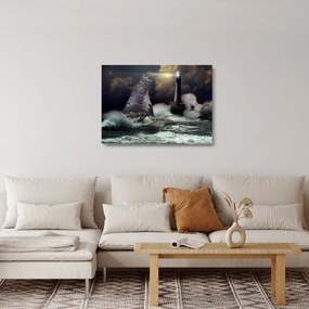 Sklenený obraz - Loď plávajúca cez búrlivé vlny (70x50 cm)