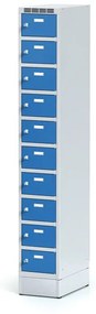 Alfa 3 Šatníková skrinka na sokli s úložnými boxami, 10 boxov, 1920 x 300 x 500 mm, otočný zámok, modré dvere