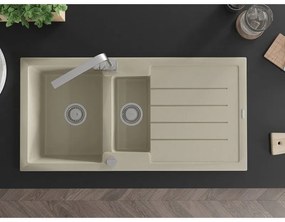 Mexen Andres, granitový drez 1000x500x200 mm, 1,5-komorový, béžová s chrómovým sifónom a chrómová drezová batéria Rita, 6515-69-670300-00